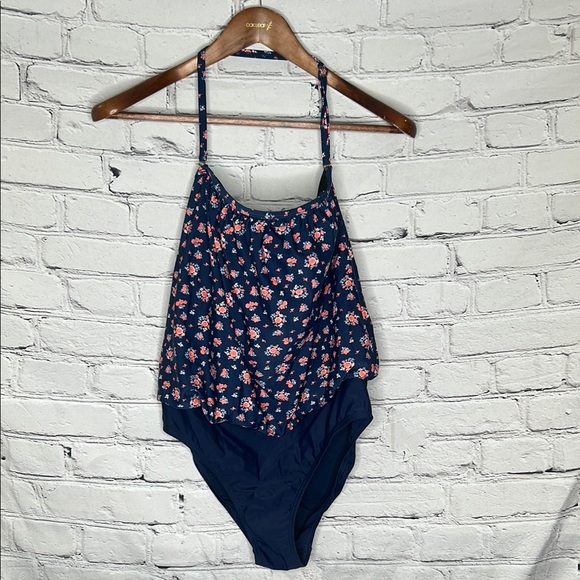 Shore Shapes Navy Blue Floral Halter-Style One-Piece Swimsuit Size 10 - Picture 1 of 11
